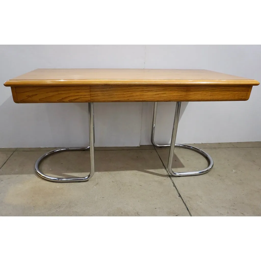 1970s Italian Vintage Curved Nickel Legs 3-Drawer Ash Tree Center Desk/Console