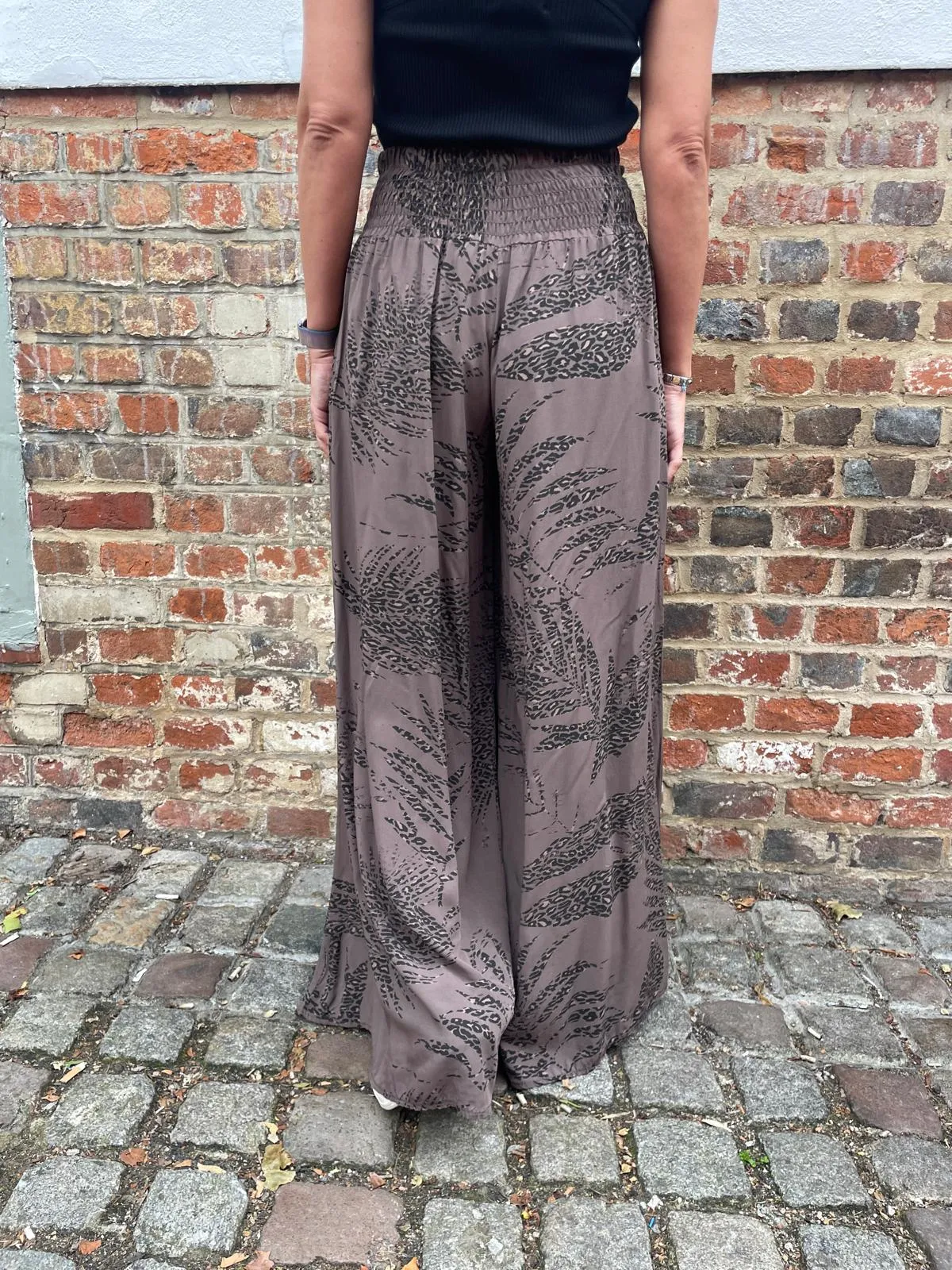 Abstract Leaf Print Palazzo Trousers Dark Mocha