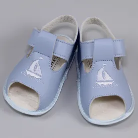 Baby Boy Blue Pram Sandals with Soft Sole with Embroidered Boat