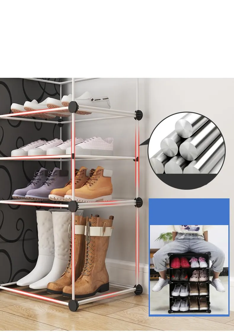 Kuber Industries Pack of 5 Shoes Cabinet |2 Column 8-Tier Foldable Shoe Rack Organizer for Closet | Plastic Shoe Shelf Collapsible Shoes Storage Box |Shoe Cabinet with Lids | JL2C8TBK | Black