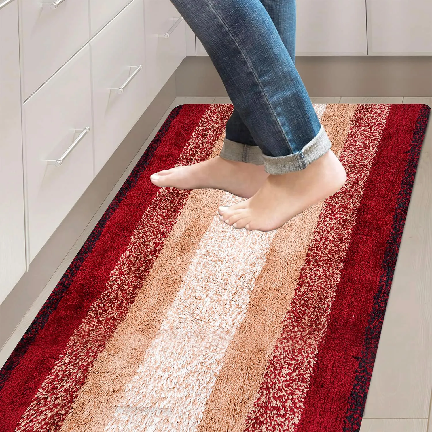 Kuber Industries Runner | Bedside Runner for Bedroom | Runner for Living Room | Maroon Patta Rainbow Carpet Runner | Anti Skid Carpet Rug Mat | Kitchen Runner | 22x55 | Cream