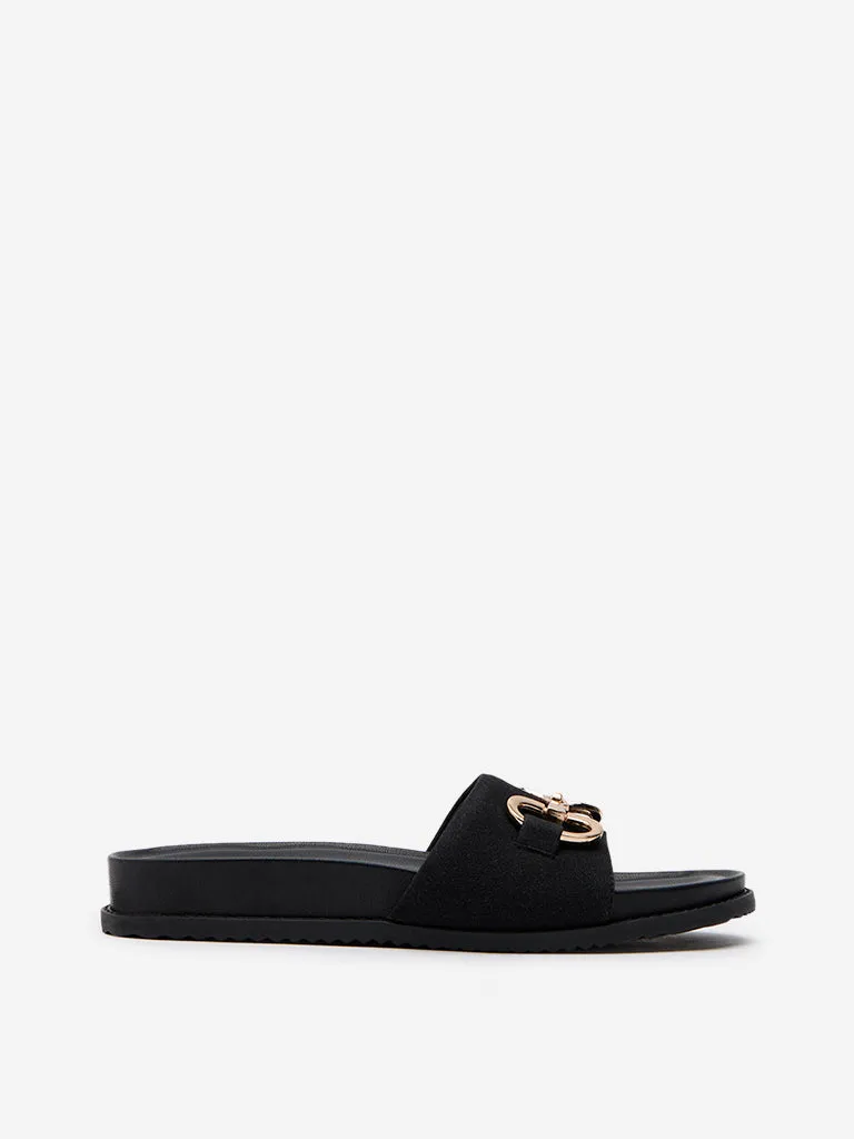 LUNA BLU Black Saddle-Trim Comfort Slides