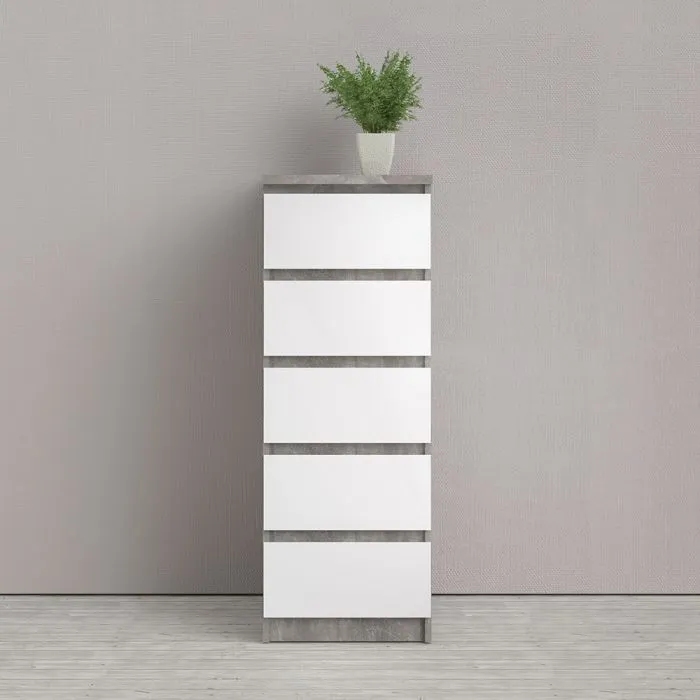 Naia Narrow Chest of 5 Drawers in Concrete and White High Gloss