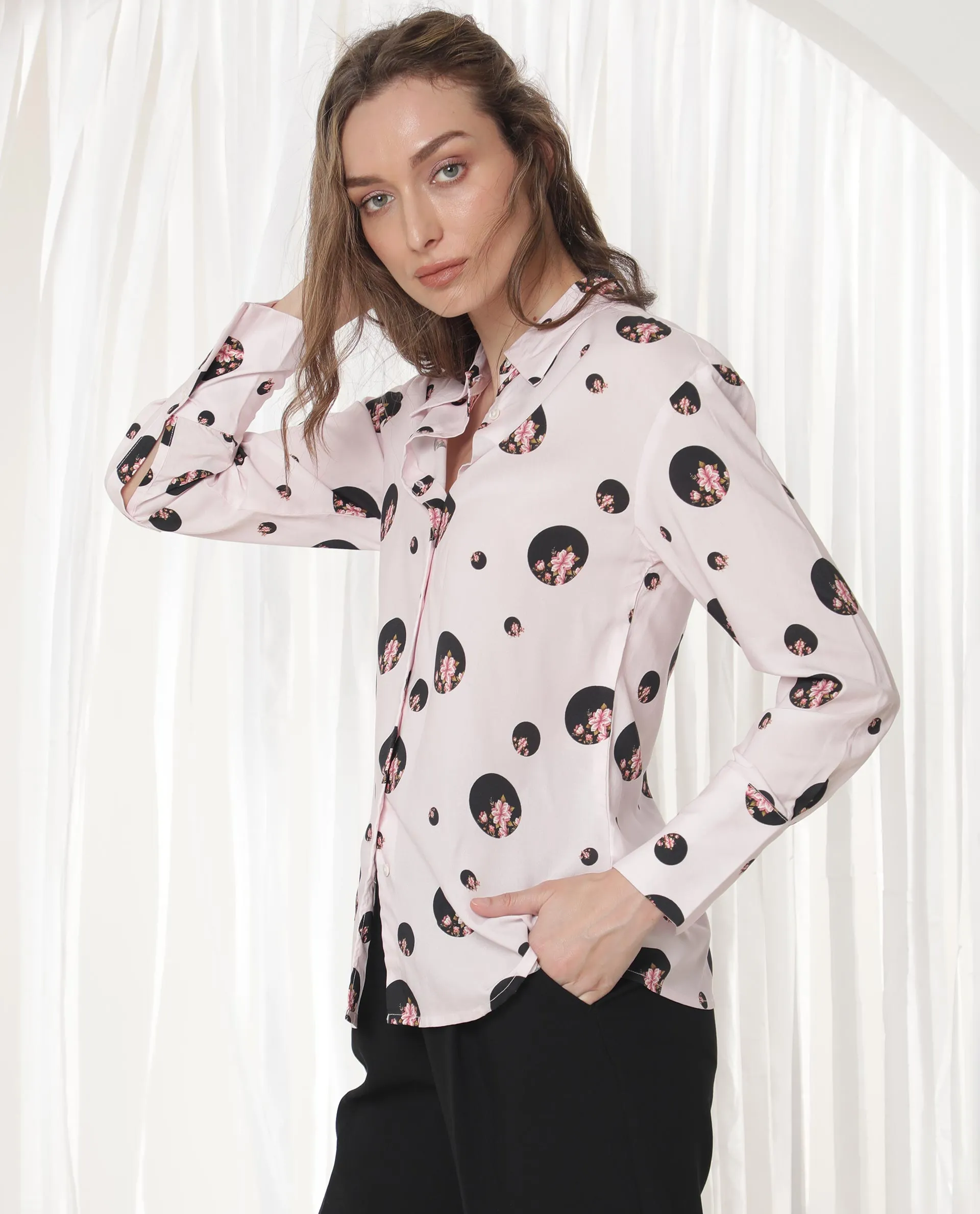 Rareism Women Lumber Light Pink Polyester Fabric Full Sleeves Button Closure Shirt Collar Regular Fit Floral Print Top