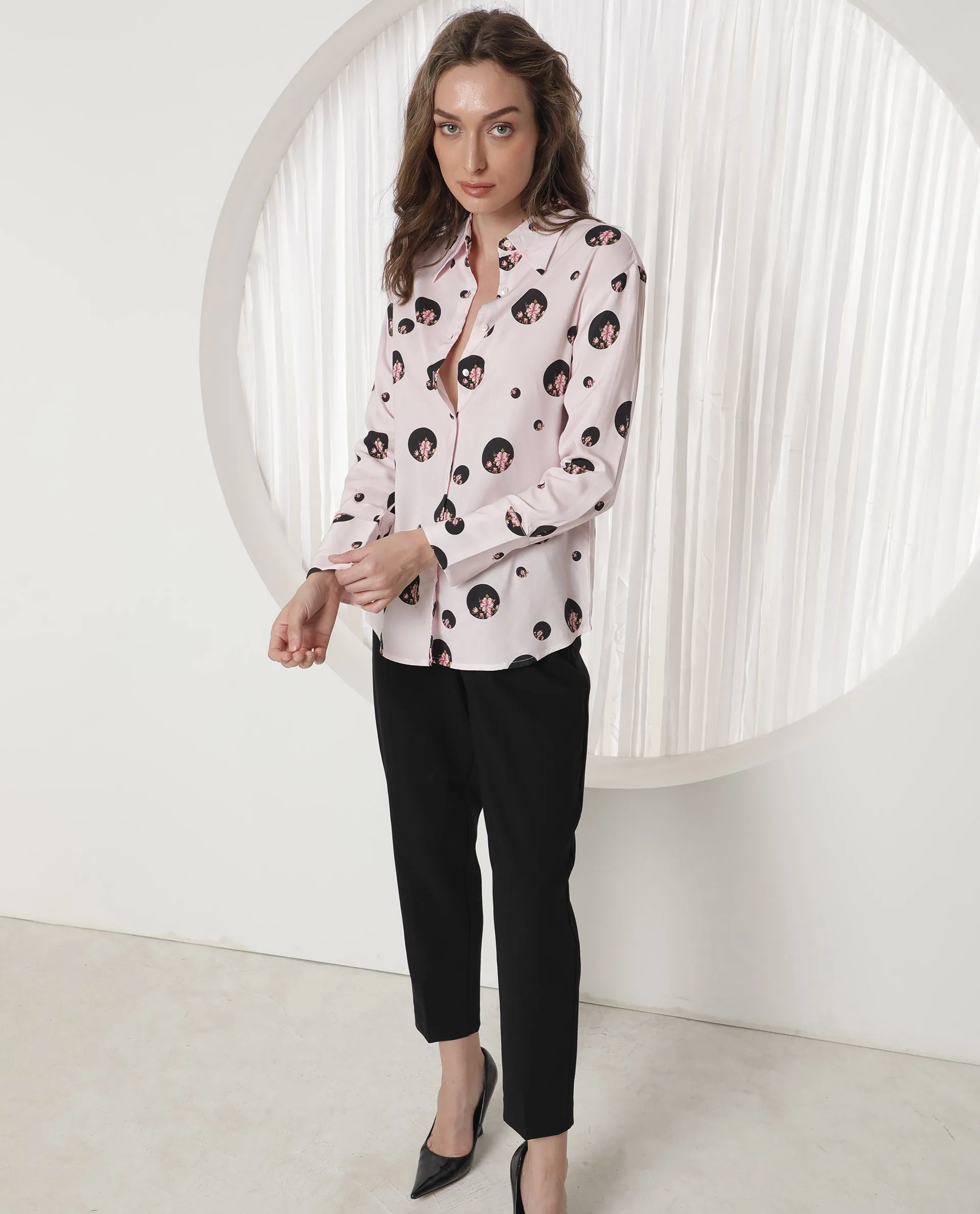 Rareism Women Lumber Light Pink Polyester Fabric Full Sleeves Button Closure Shirt Collar Regular Fit Floral Print Top