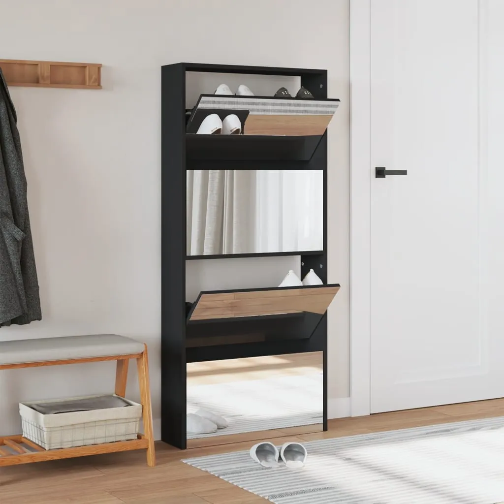 Shoe Cabinet with Mirror 4-Layer Black 63x17x134 cm