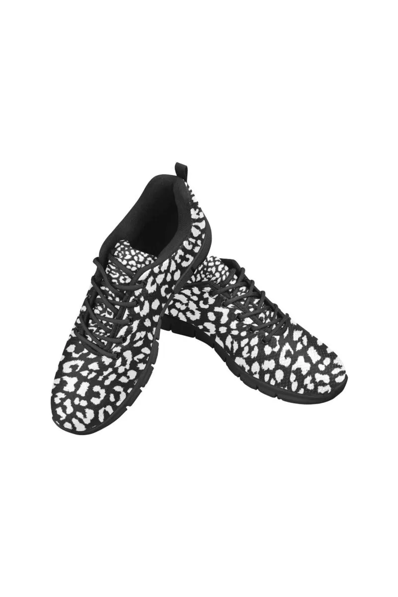 White on Black Leopard Print Women's Breathable Running Shoes